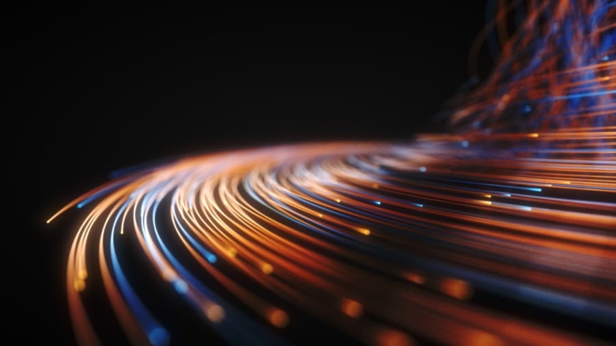 glowing fiber optic strings in dark 3d illustration